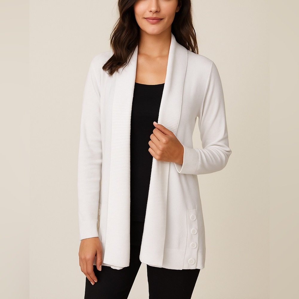 Multiples White Longline Open Front Cardigan Ribbed Trim Button Detail
